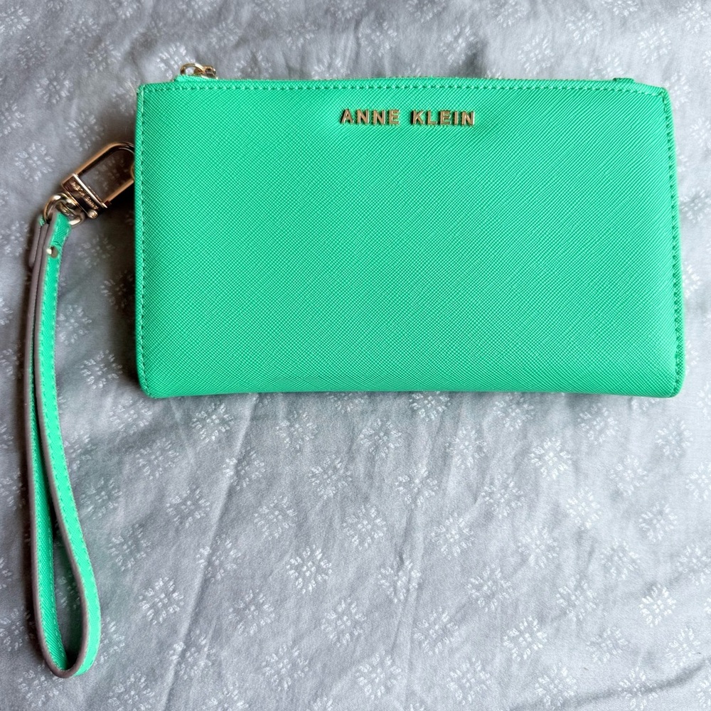 Anne Klein Green Saffiano Leather Wristlet Wallet